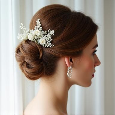 Elegante recogido de novia con adornos florales
