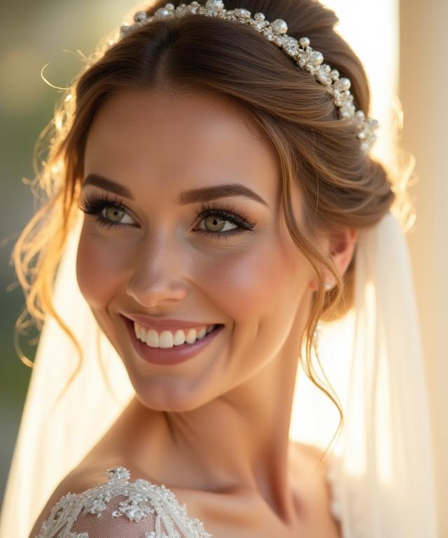 Novia sonriente con un peinado y maquillaje elegante
